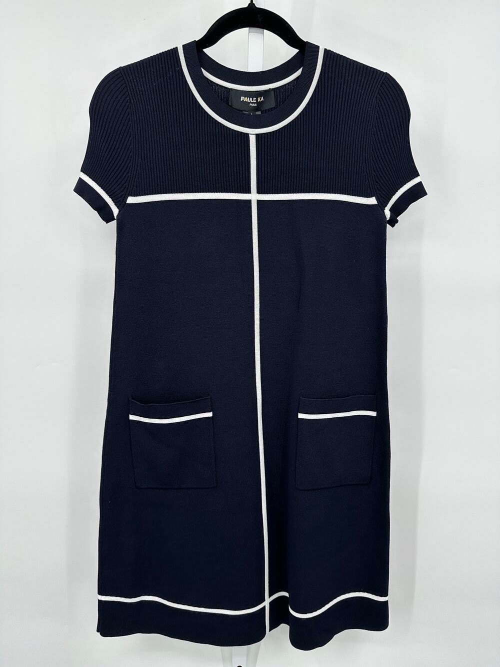 Paule Ka Paris Contrast Trim Knit Shift Dress Black White NWT Size S